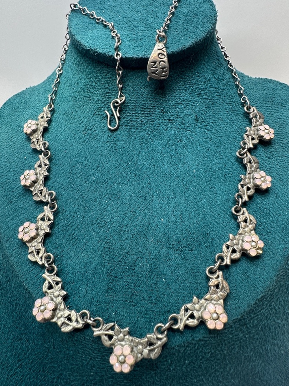 Yochi NY Victorian Style Floral Link Necklace with Pink Swarovski Accents